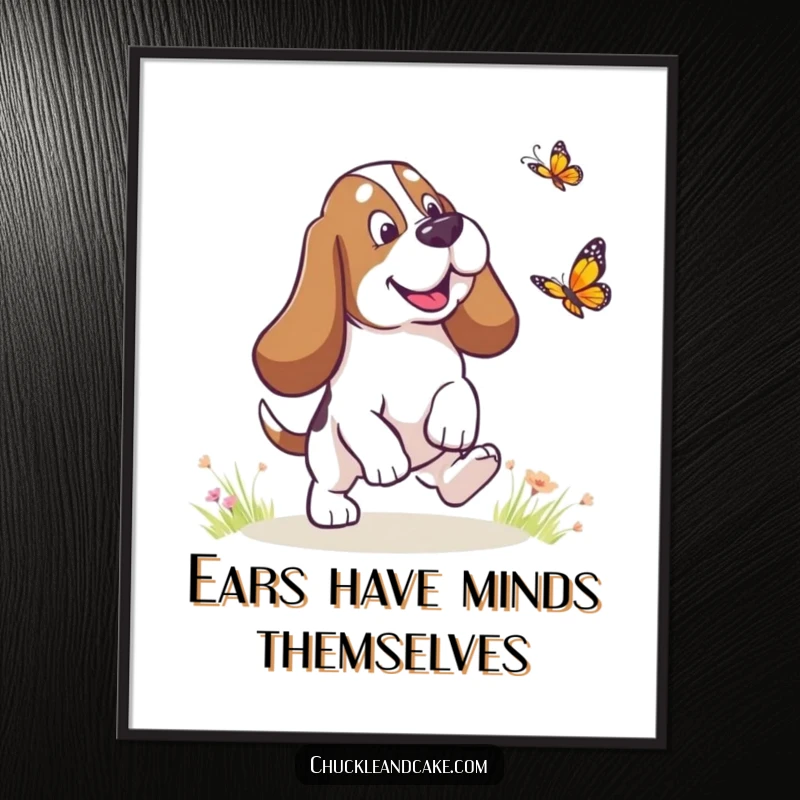 Funny Basset Hound with droopy ears chasing a butterfly, humorous dog digital art, droopy ears charm, instant and funny gift.