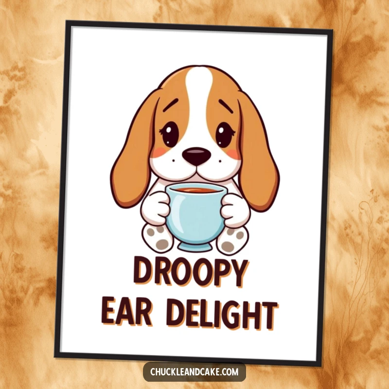 Funny Basset Hound Digital Art Print with droopy ears, holding tea, perfect for humorous decor.