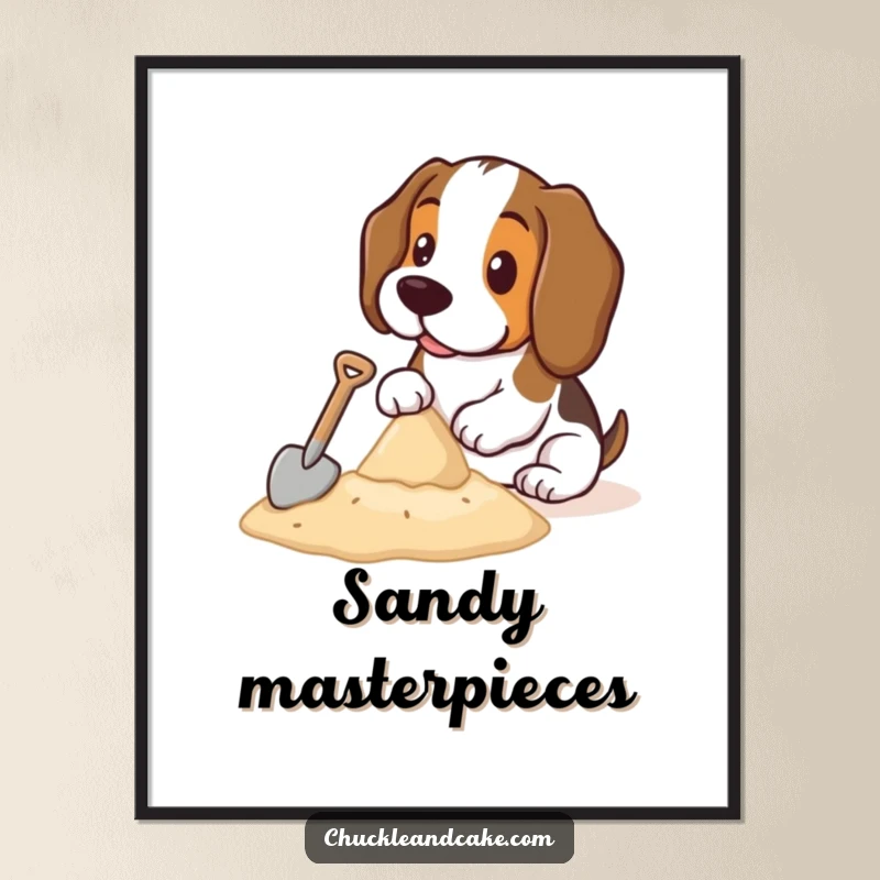 Funny Basset Hound digital art print of a Basset Hound with a small shovel, building a sandcastle, conveying pure joy and humor.