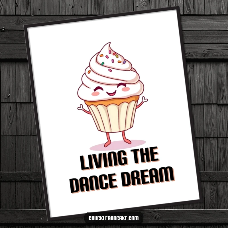 Funny digital art print of a smiling cupcake with tiny dancing legs, radiating pure joy and colorful, whimsical energy.