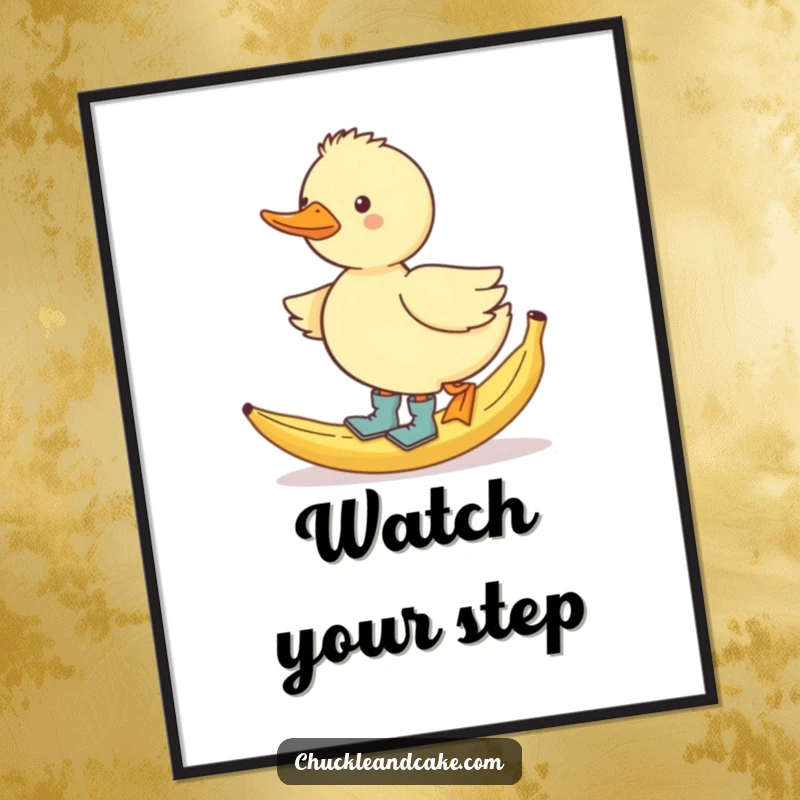 Funny waddling duck in boots, slipping on a banana peel, digital art for prints.