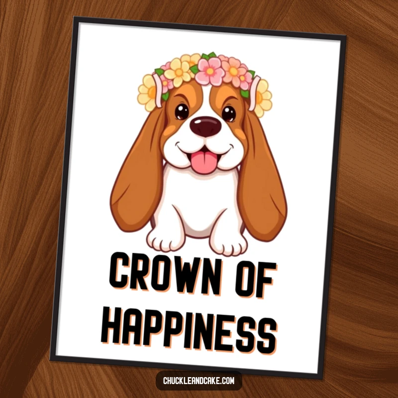 Funny Basset Hound Digital Art Print with droopy ears, flower crown, smiling, perfect for humorous decor.