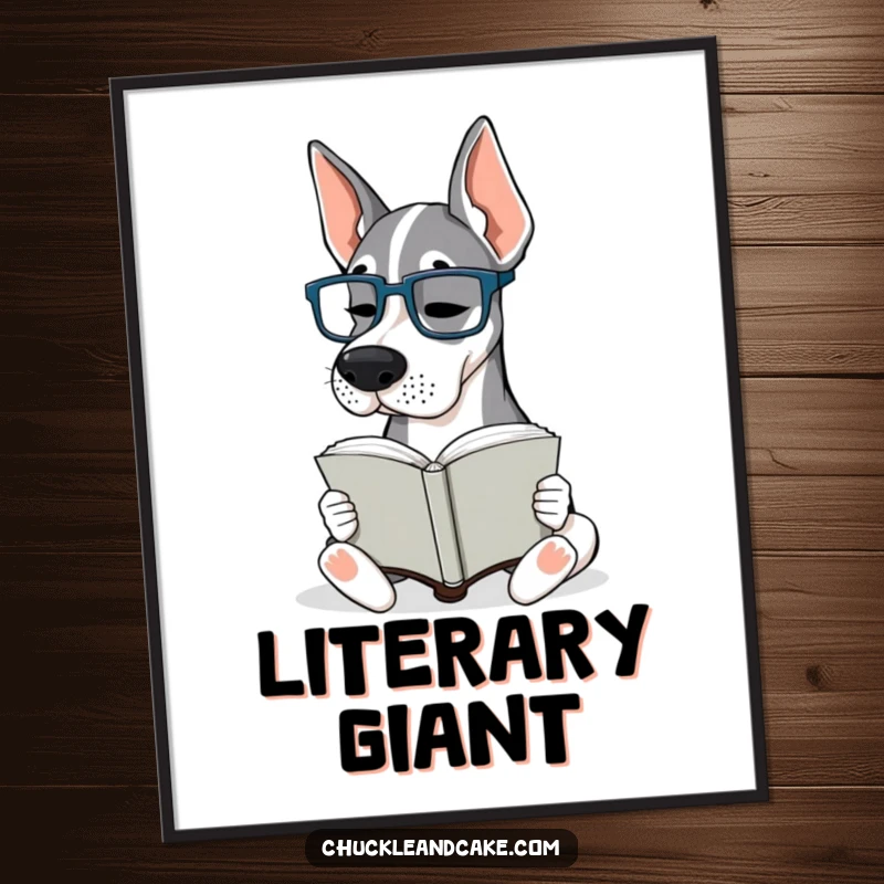 Funny Grand Dane Glasses Digital Art Print: A Grand Dane wearing tiny glasses intently reads a book, ready to hang.