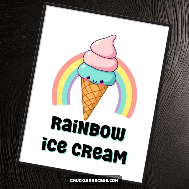 Funny Digital Art Print: A cheerful ice cream cone slides down a rainbow, ready for sweet display.