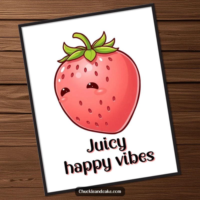 Funny strawberry with leaves giggling uncontrollably digital art print, capturing the essence of pure joy and infectious laughter.