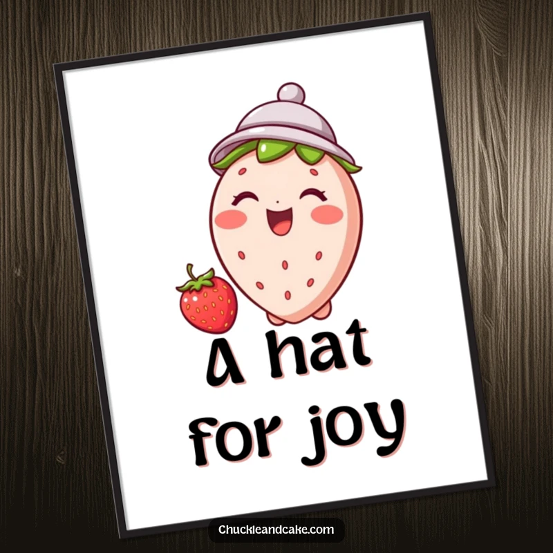 Funny strawberry digital art print capturing a jubilant, giggling strawberry wearing a tiny hat, bringing instant fruity cheer.