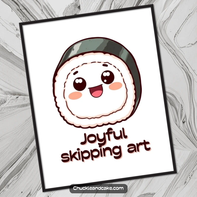Funny digital art print of a happy sushi slice with googly eyes, skipping with pure joy, radiating whimsical amusement.