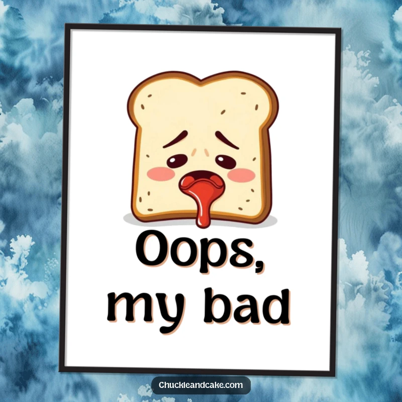 Funny embarrassed slice of toast accidentally spraying jam, digital art for prints.