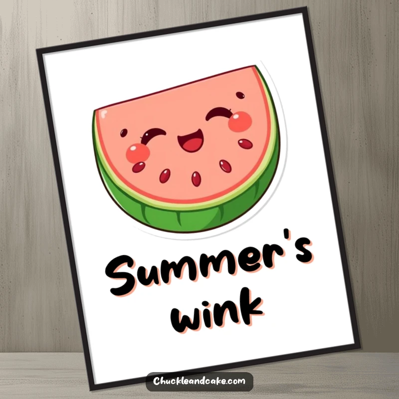 Funny watermelon wink digital art print, showcasing a delightful and humorous fruit character, perfect for vibrant and cheerful wall decor.