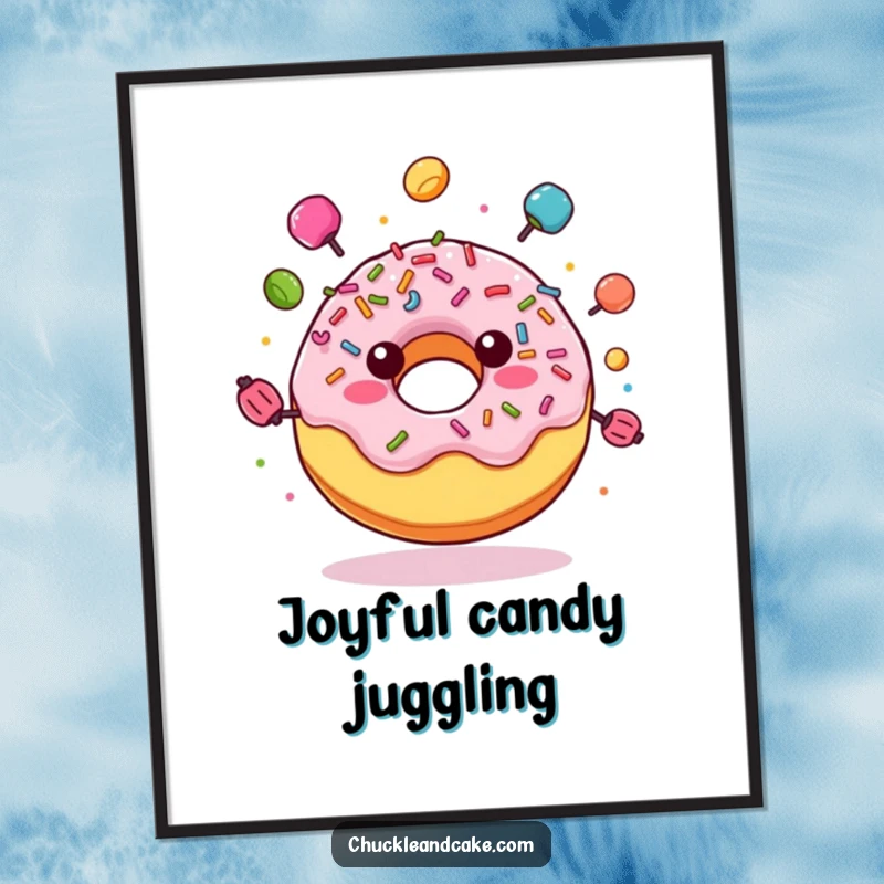 Funny digital art print of a joyful donut with sprinkles, juggling colorful candies, radiating pure, sweet amusement.