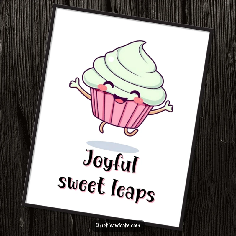 Funny digital art print of a smiling cupcake with legs joyfully jumping, perfect for vibrant, happy wall decor.