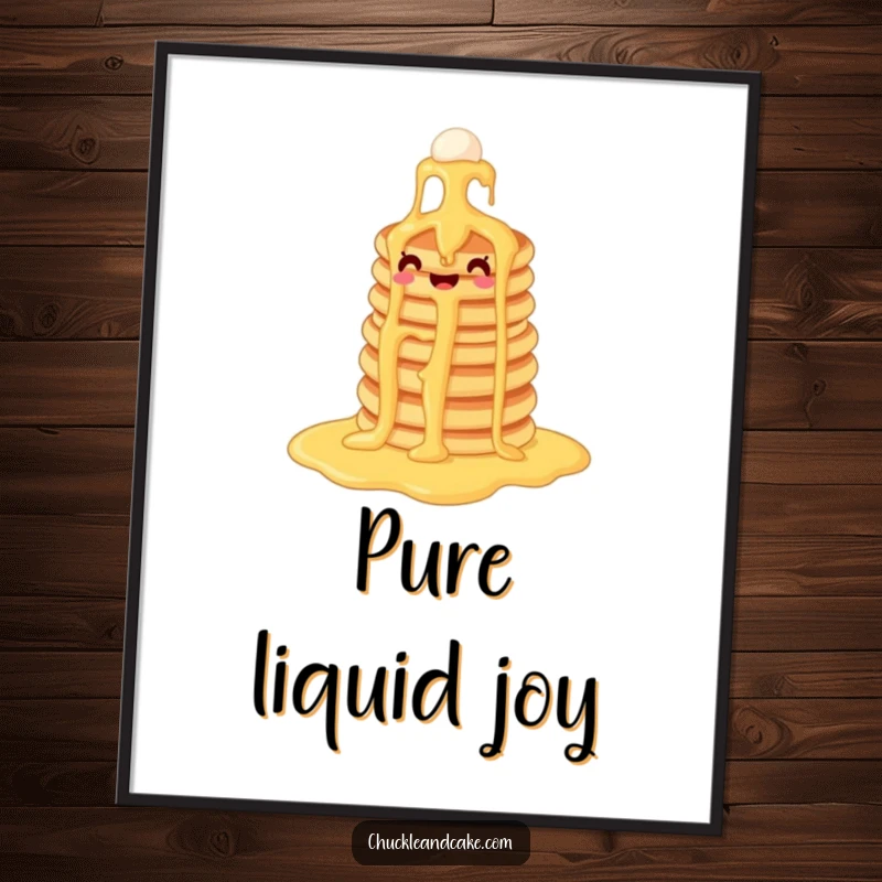 Funny pancake digital art print capturing a stack of pancakes joyfully sliding down a syrup waterfall, bringing instant breakfast cheer.