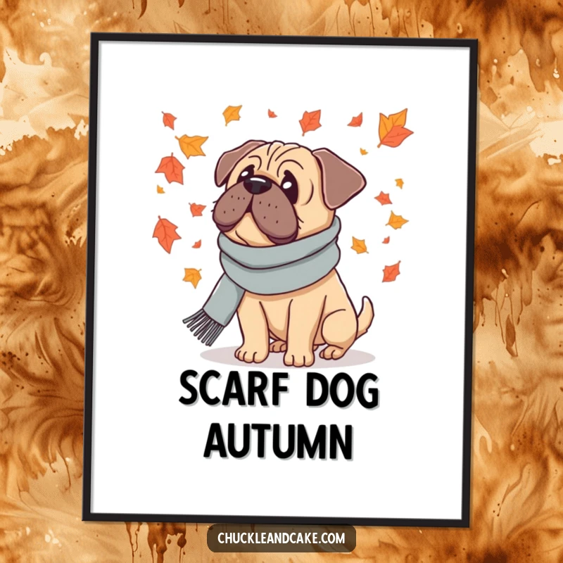 Funny digital art print of a Bullmastiff dog wearing a scarf, looking at falling leaves, capturing cozy autumn vibes.