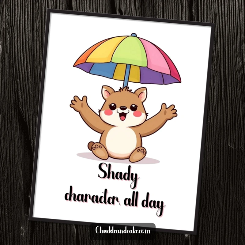 Funny digital art print of a happy animal enthusiastically holding up a colorful beach umbrella.