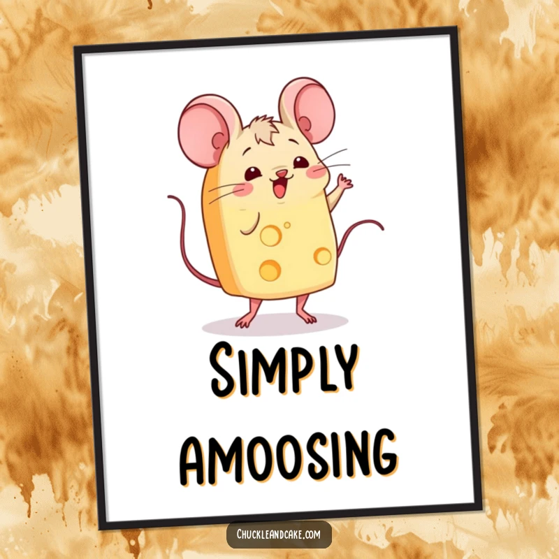 Funny slice of cheese with mice ears wiggling and performing a jig digital art print, capturing a dancing food character with lively energy.