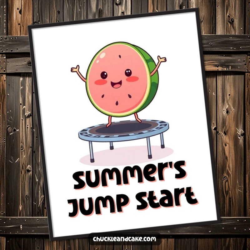 Funny watermelon digital art print capturing a merry slice of watermelon joyfully bouncing on a trampoline, bringing instant summer cheer.