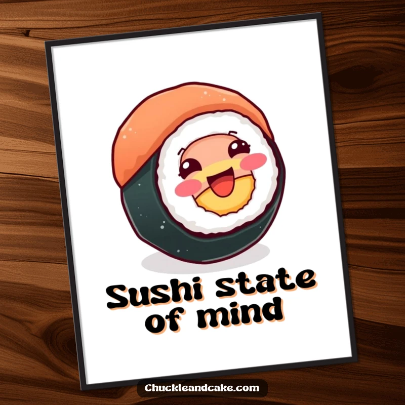 Funny digital art print of a beaming sushi roll spinning happily, offering instant joyful humor for decor.