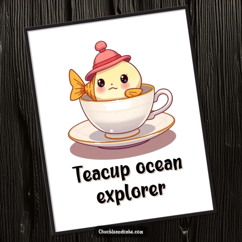 Funny bewildered fish in a tiny hat floating in a teacup, high-resolution digital art print for whimsical and humorous decor.