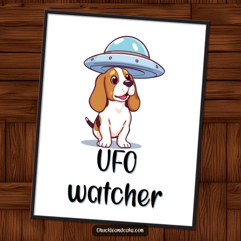 Funny Basset Hound UFO Digital Art Print of a dog curiously observing a flying saucer, ready for instant download.