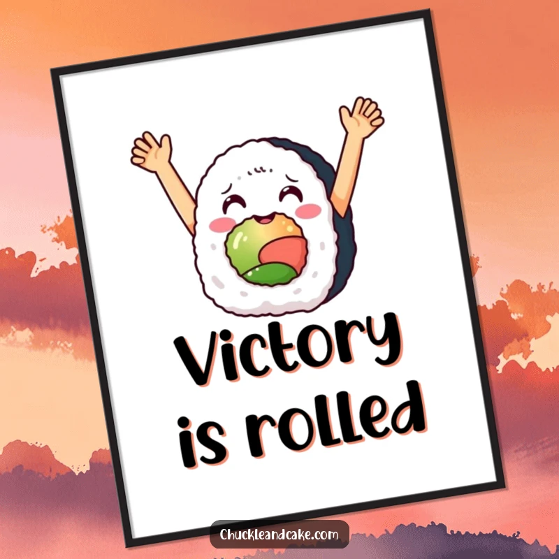 Funny digital art print of a delighted sushi roll with arms raised in celebration, perfect for festive wall decor.