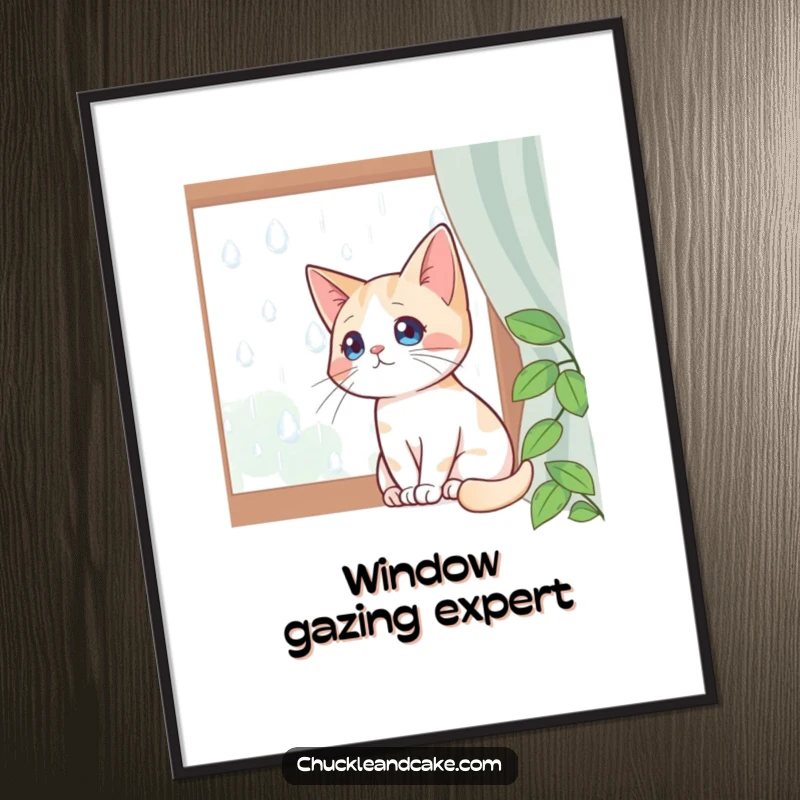 Funny digital art print of a Bobtail cat sitting by a window, watching raindrops, perfect for instant download and serene wall decor.