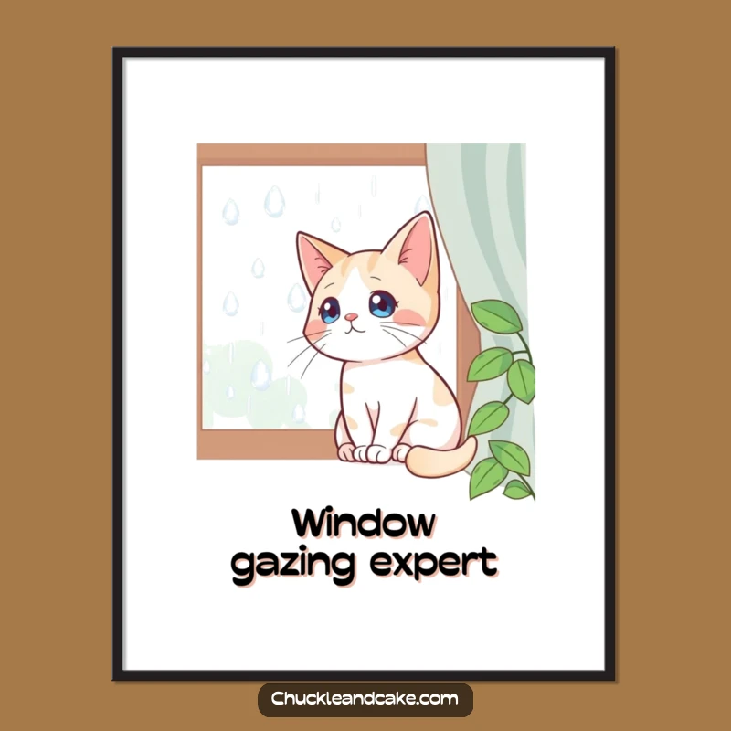 Funny Bobtail Cat Digital Art: Rainy Day Window Watcher