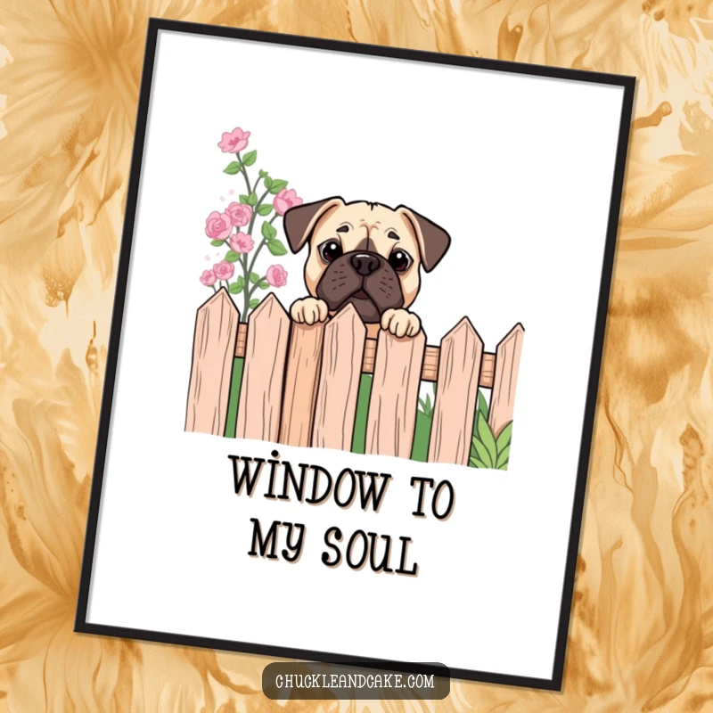 Funny Bullmastiff peeking digital art print showing a dog looking over a garden fence, ideal for humorous wall decor.