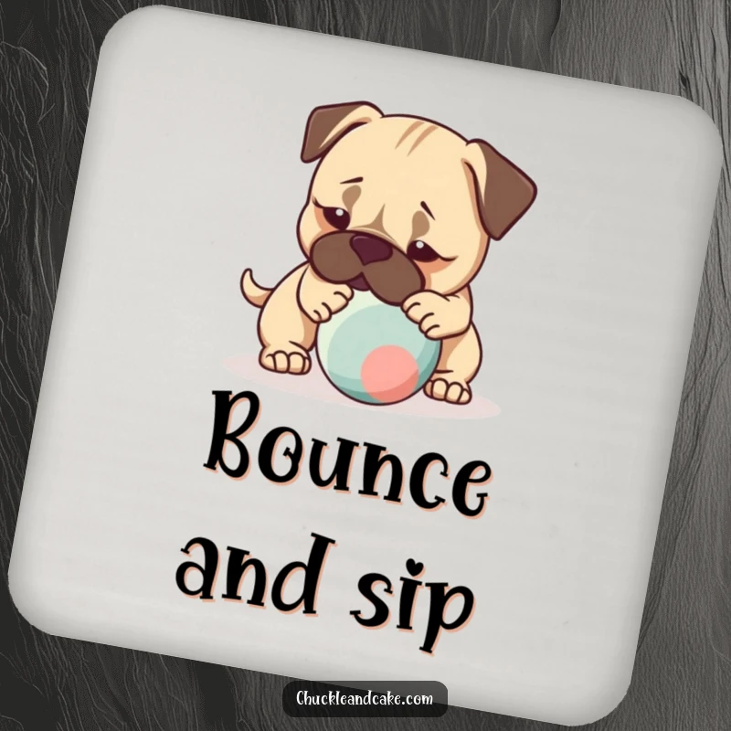 Funny drink coaster with a Bullmastiff dog gently nudging a bouncing ball, protecting surfaces with playful charm.