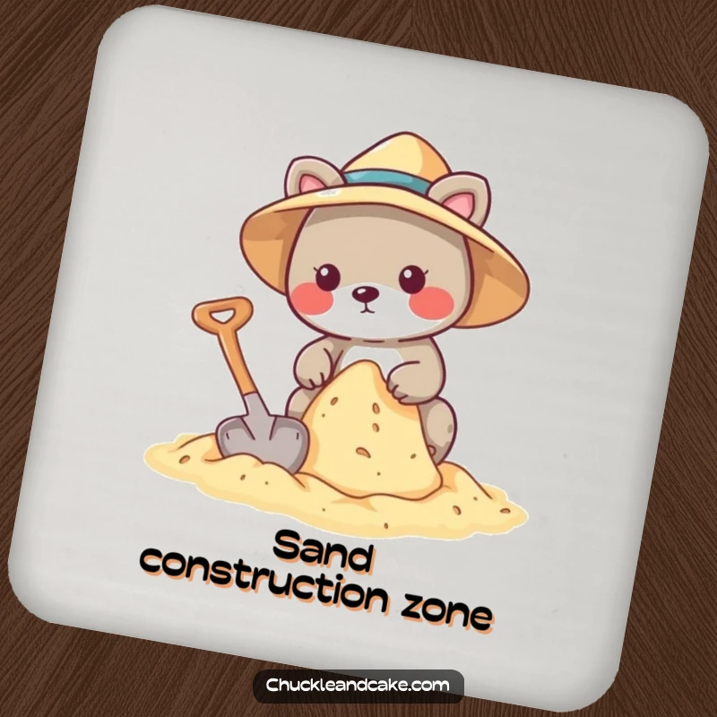 Funny drink coaster art of an animal wearing a sun hat, building a sandcastle with a shovel.
