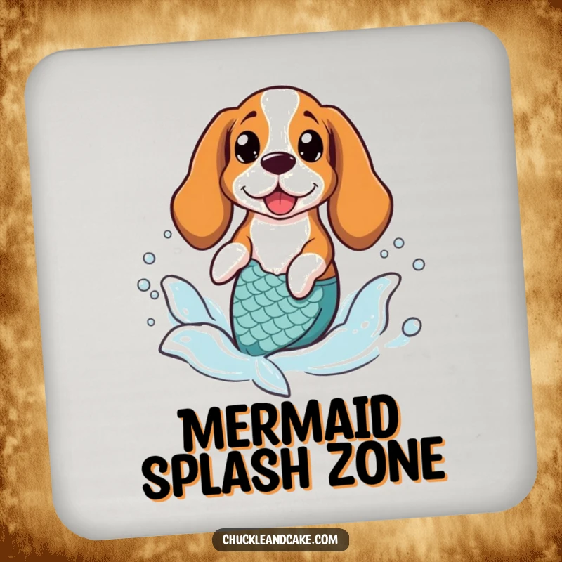 Funny Basset Hound wearing a mermaid tail, splashing in gentle waves, on protective drink coasters.