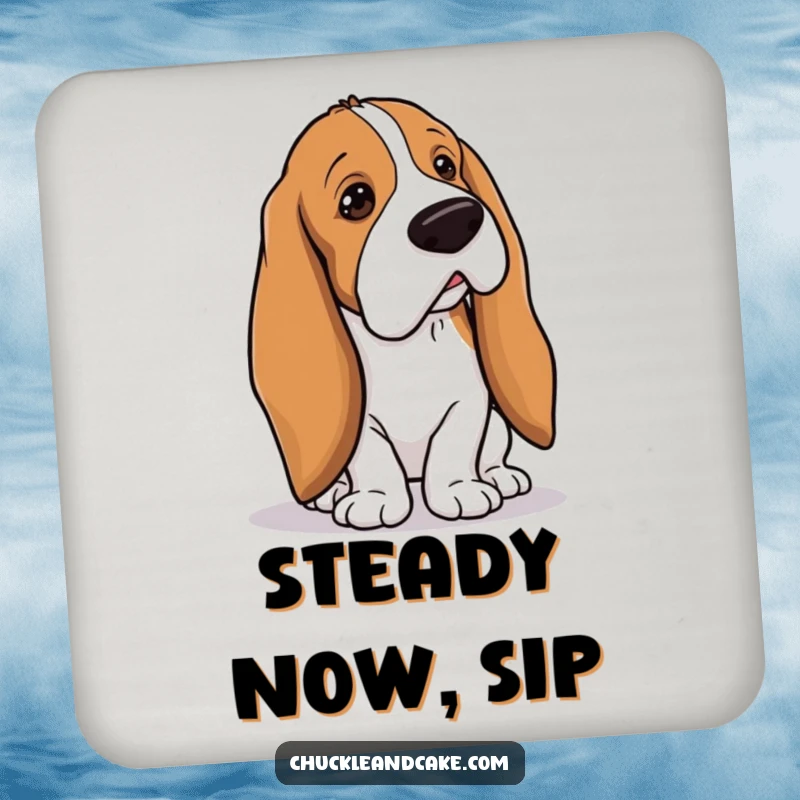 Funny Basset Hound with droopy ears tripping over its own long ears, clumsy dog coasters, droopy ears accent, practical funny gift.