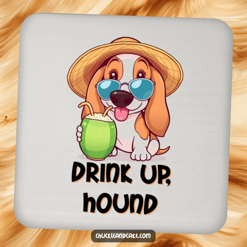 Funny Basset Hound coaster depicting a Basset Hound sipping a coconut drink, adding tropical flair to any surface.