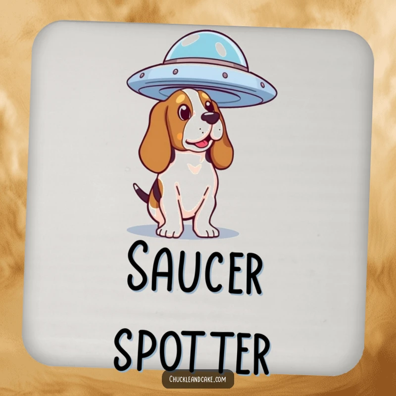 Funny Basset Hound UFO Coaster featuring a dog looking curiously at a flying saucer, protecting furniture with humor.