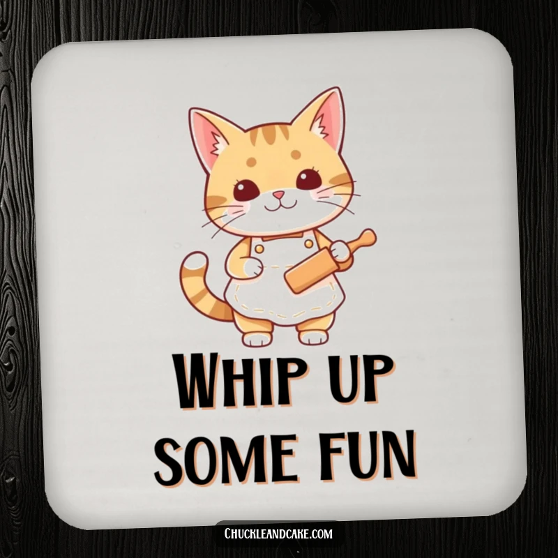 Funny Bobtail cat coaster set featuring a cat in an apron holding a rolling pin, protecting surfaces.