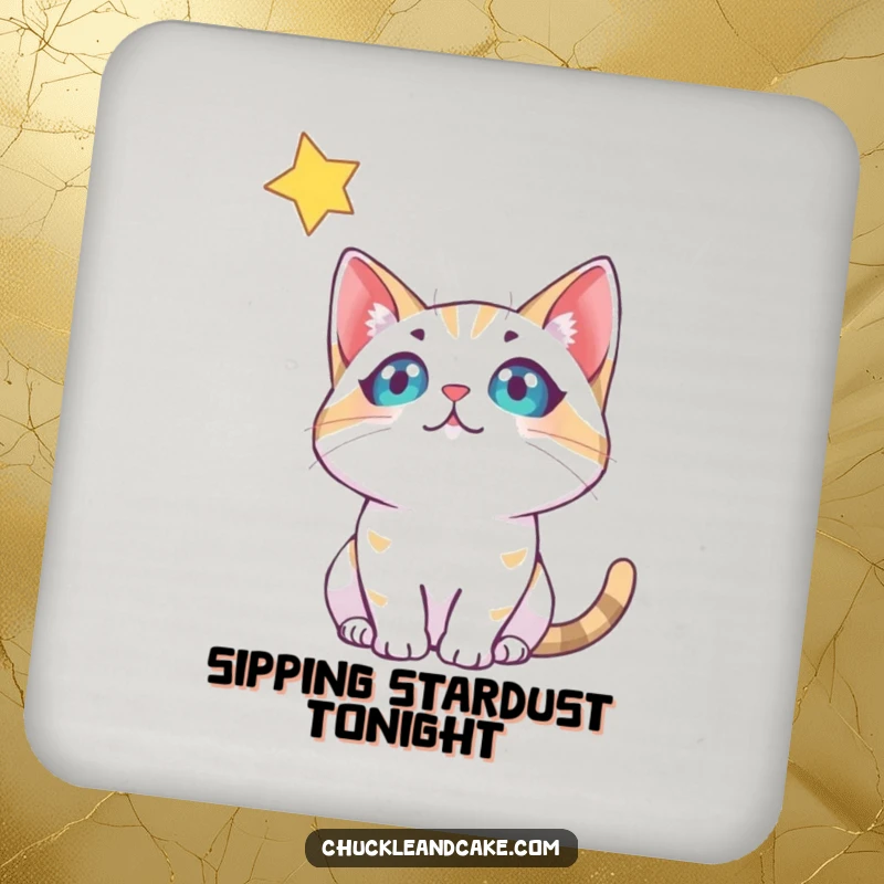Funny Bobtail Cat Coaster: A curious bobtail cat observes a twinkling star, adding charm to any drink setting.