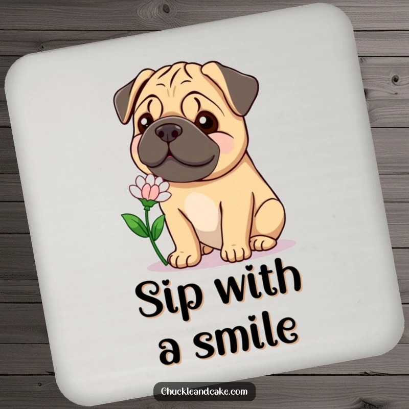 Funny Bullmastiff flower coaster featuring a smiling dog offering a flower, protecting surfaces with gentle humor.