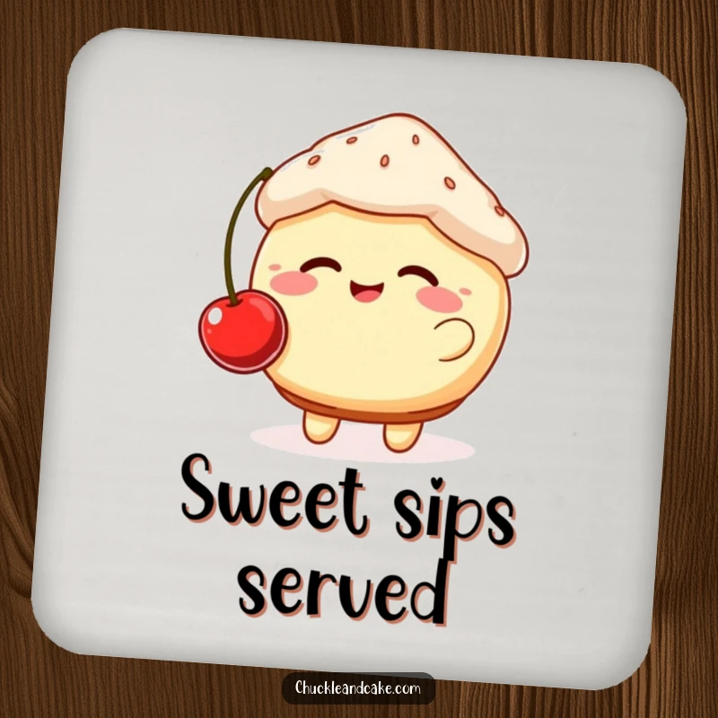 Funny drink coaster featuring a giggling muffin with rosy cheeks bouncing a cherry, protecting surfaces with adorable humor.