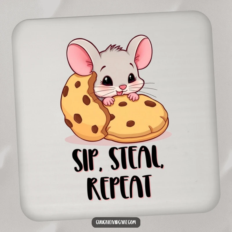 Funny mouse coaster, protective pad with a mischievous mouse hoarding a giant cookie, cute tabletop accessory, kitchen humor, ideal funny gift.