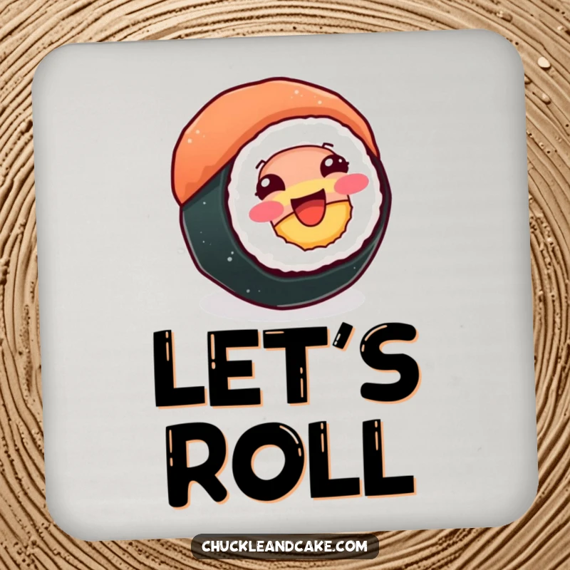 Funny drink coaster showcasing a beaming sushi roll spinning happily, perfect for adding joyful humor to drink surfaces.