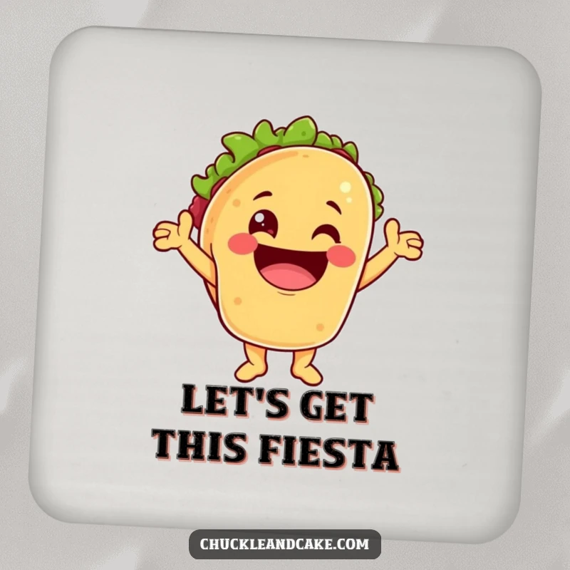 Funny drink coaster with a taco character cheering with a huge grin, protecting surfaces with a dose of happiness.