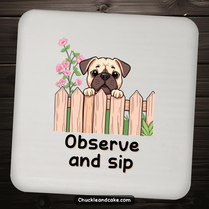 Funny Bullmastiff peeking coaster featuring a dog looking over a fence, protecting surfaces with humorous curiosity.
