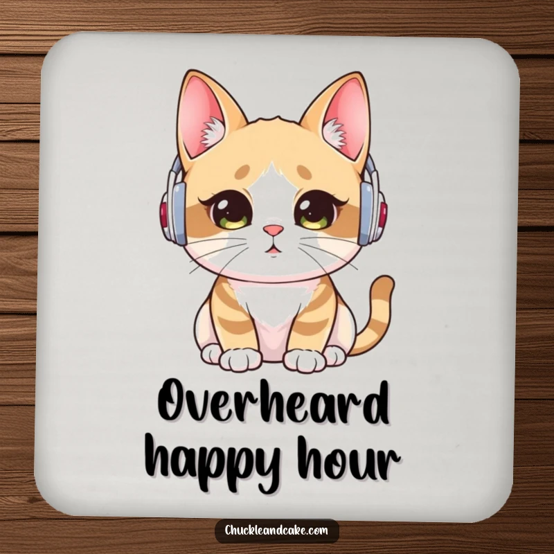 Funny coaster featuring a Bobtail cat wearing ear warmers, listening intently, adding a touch of kawaii charm to drink service.