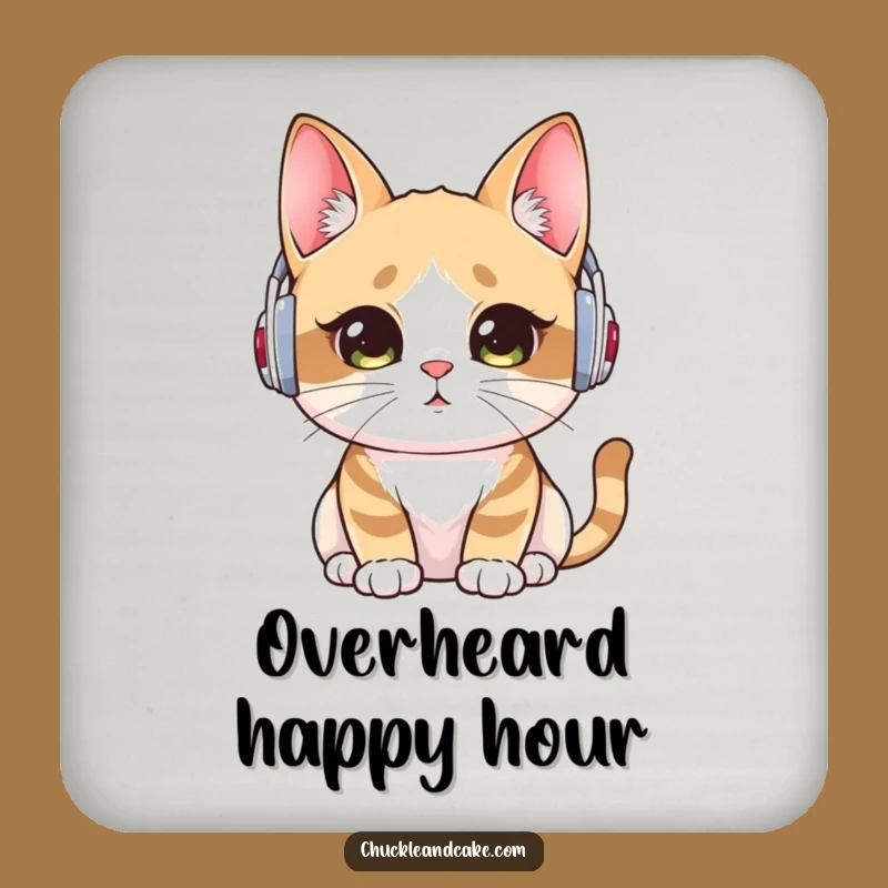 Funny Bobtail Cat Drink Coaster: Attentive Listener in Ear Warmers