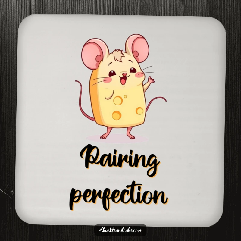 Funny slice of cheese with mice ears wiggling and doing a jig, a drink coaster featuring a dancing food character for table protection.