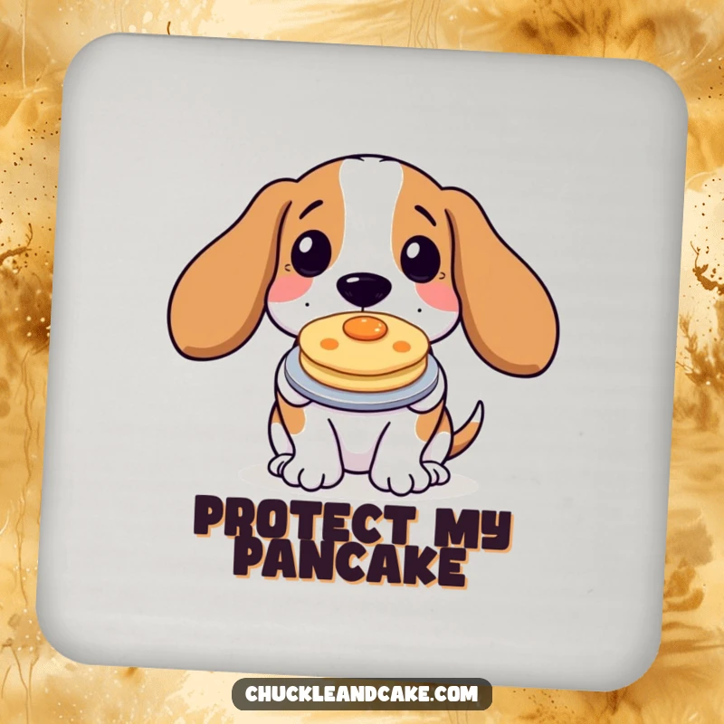 Funny Basset Hound Pancake Coaster featuring a proud dog with a mini pancake, protecting furniture with humor.