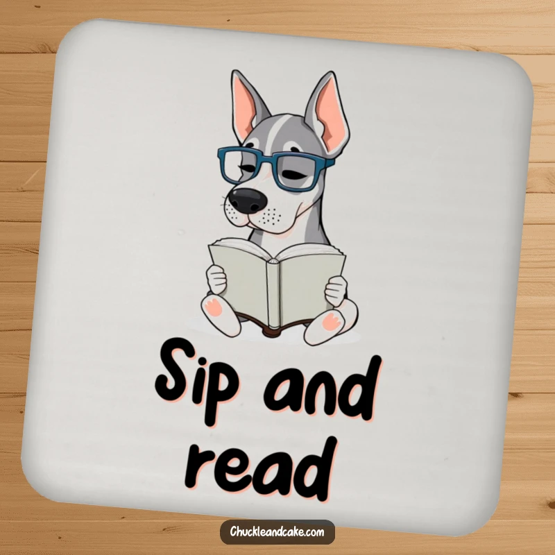 Funny Grand Dane Glasses Drink Coaster: A Grand Dane with tiny glasses intently reads a book, protecting surfaces.