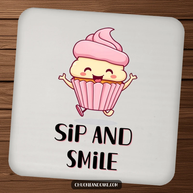 Funny coasters featuring a smiling cupcake wearing a frosting hat, skipping joyfully.