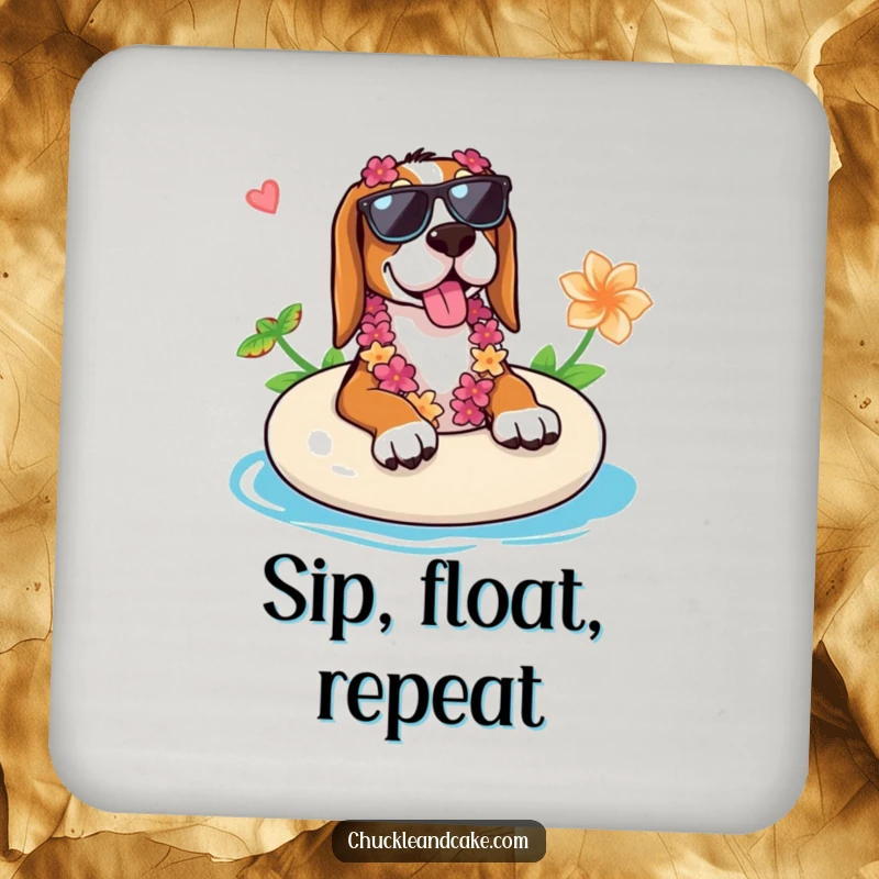 Funny Basset Hound coaster depicting a Basset Hound on a float with sunglasses and lei, adding tropical flair to any table.