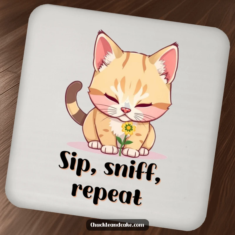 Funny Bobtail cat's curious face investigating a small flower, illustrated on a protective and humorous drink coaster.