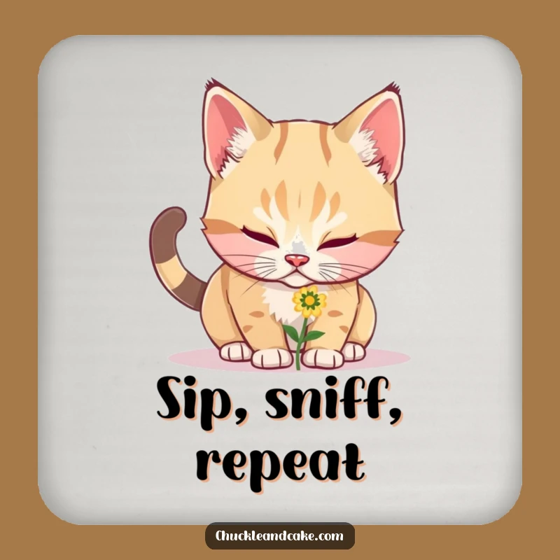 Funny Bobtail Cat Sniffing Flower Coaster - Protect Surfaces with Feline Charm